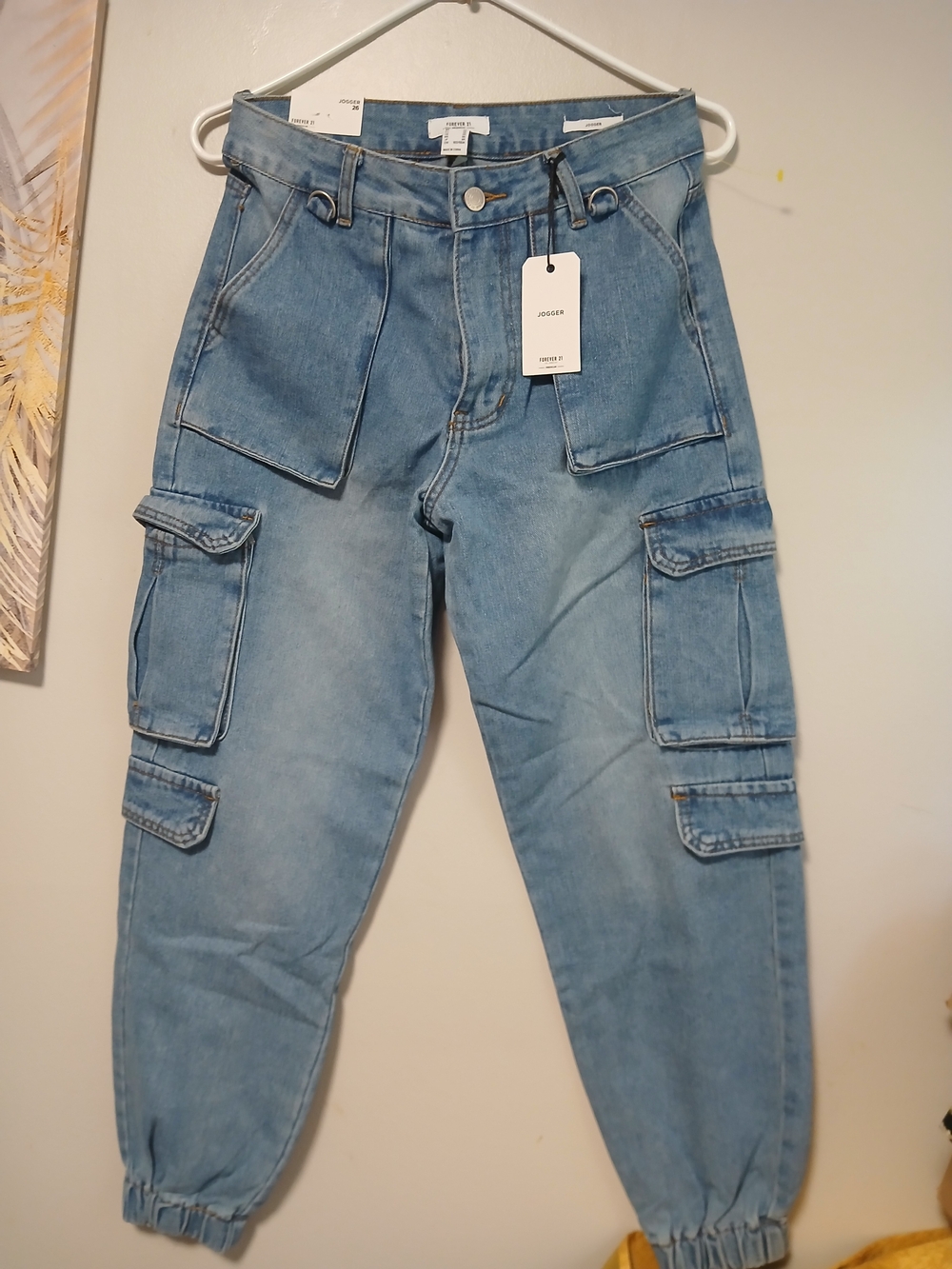 Forever 21 Light Blue Denim Cargo Jogger Jeans